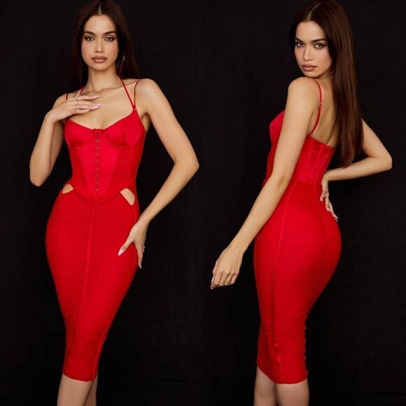 House of cb Maya scarlet ruched midi dress L+ Plus Cup NWOT $239 - Picture 3 of 14